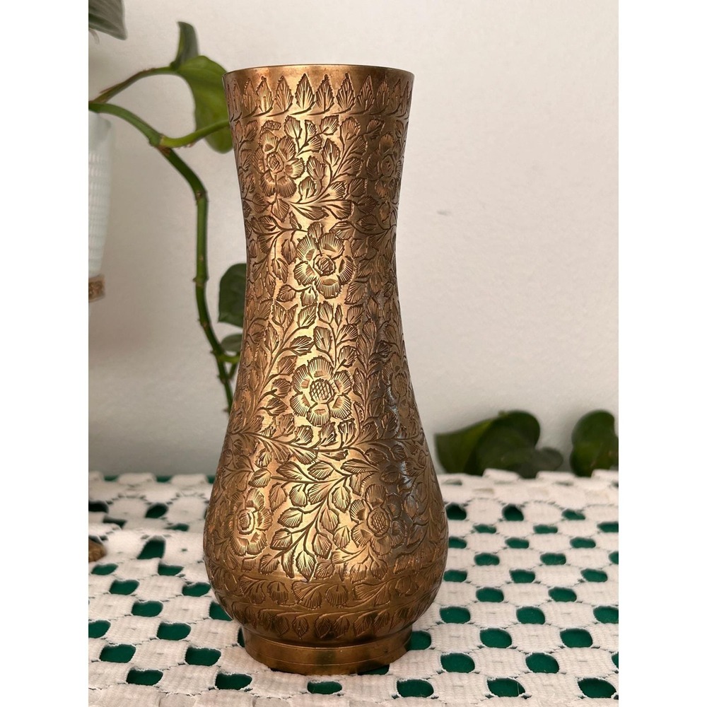 Vintage Etched Brass Floral Vase Made in India BIC 513 Boho Decor 7.5 Inch